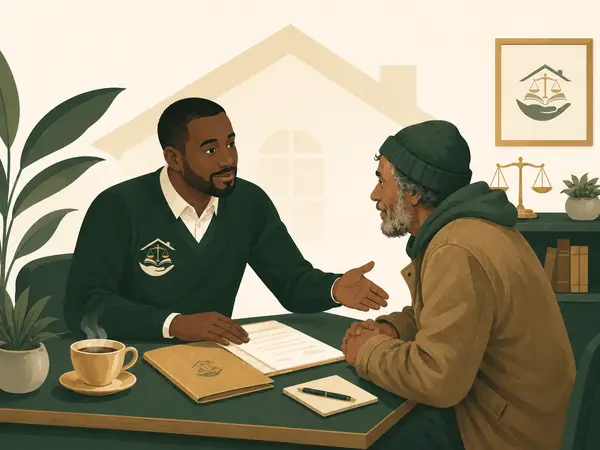 A legal support worker welcomes a person and helps them understand their procedures